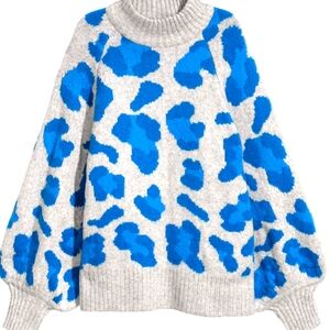 H&M Women Gray Blue Wool Sweater Leopard Cheetah  Oversized Puff Sleeve LARGE